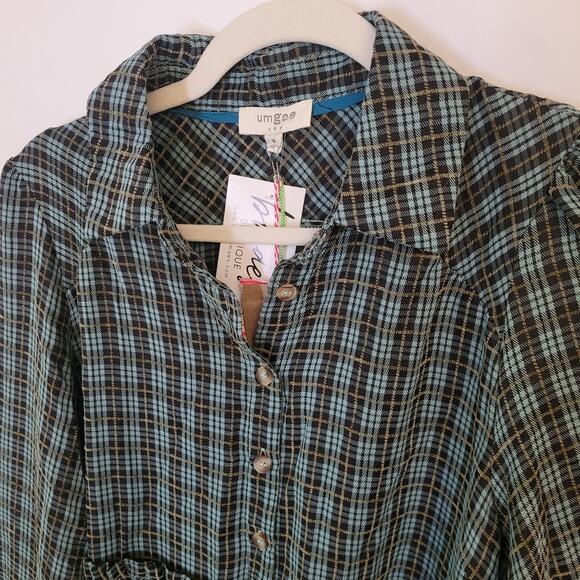 Umgee Plaid Babydoll Dress Size M Blue Button Front Tiered Tunic Rayon Blend - Picture 2 of 6